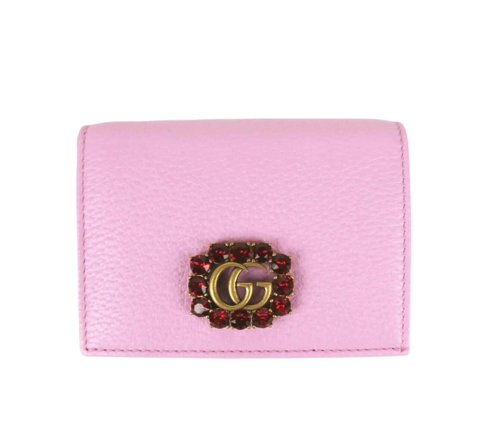Pre-owned GUCCI Leather Small Leather Goods Marmont Women's Pink Wallet w/Crystal Double G