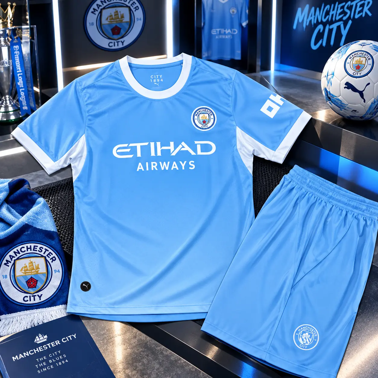BUY 1 JERSEY GET FREE SHORTS – Manchester 26/27 Blue Soccer Jersey Set, Premium Quality Short Sleeve Football Shirt with Matching Shorts, Full Logo Sports Kit for Men, Game Day, Training & Casual Wear