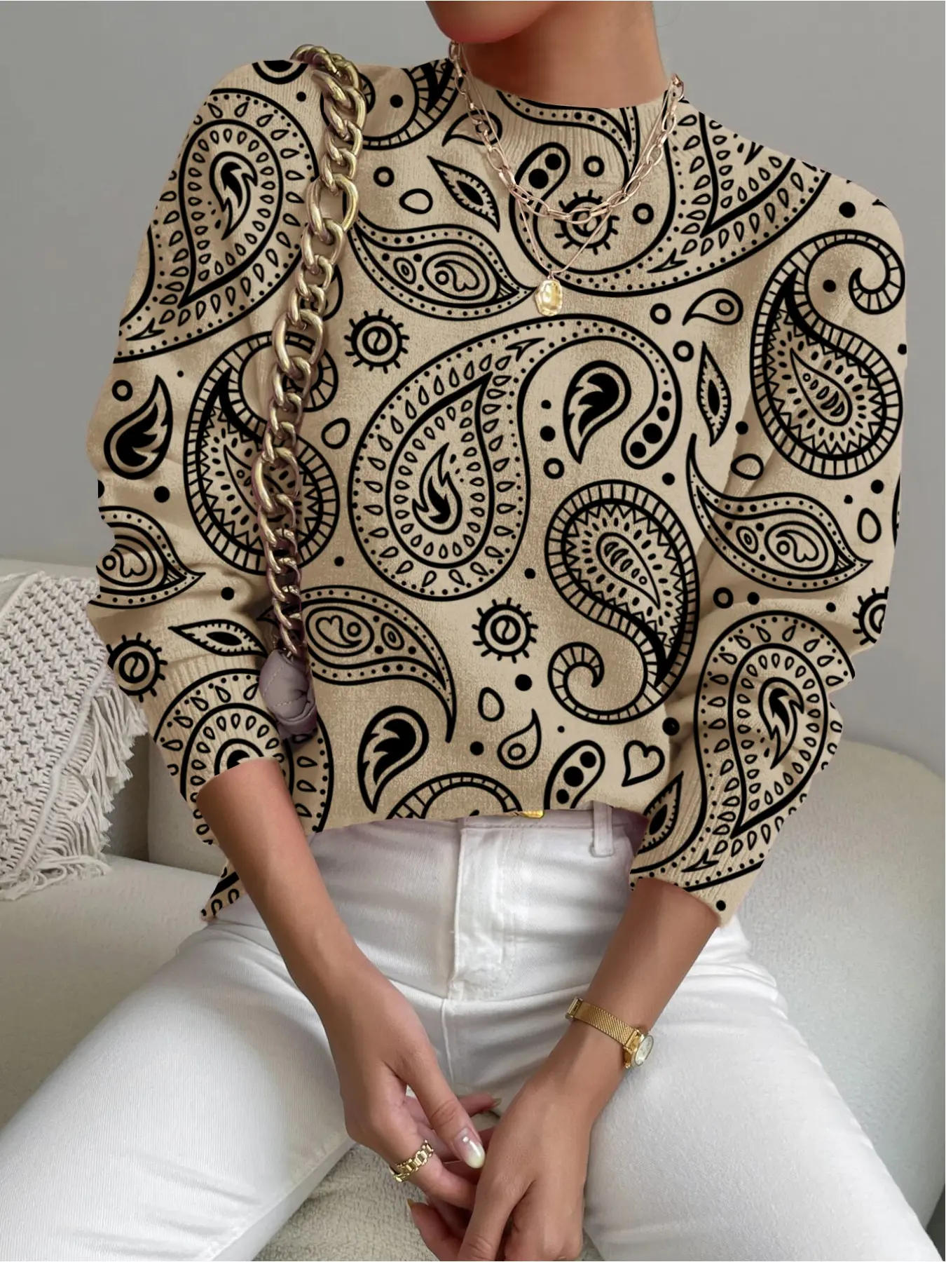 Women's Paisley Printed Stand Collar Sweater, Fall Winter Casual Long Sleeve Knitwear, Comfortable Warm Fitted Top for Daily Wear