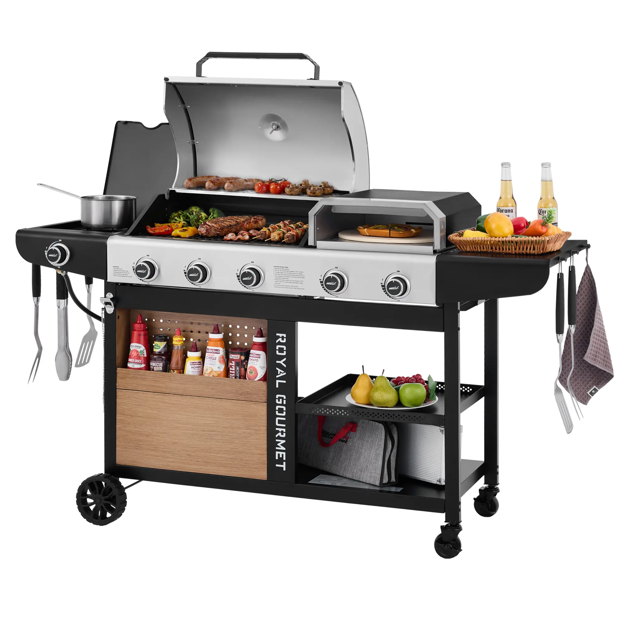 Royal Gourmet ZH3004S 2-in-1 Gas Grill & Pizza Oven Combo(Convertible to Griddle),59,000 BTU with Side Burner,768 Sq In Outdoor BBQ,Heavy Duty with Side Shelves & Wheels,for Outdoor Grilling and Backyard Cooking,Silver & Black
