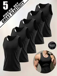 Men's 5-Pack Solid Color Sleeveless Shirts, Round Neck Tight Fit, Casual Tank Tops, Sports Vests, Fitness Workout Vest, Ideal for Gym Workouts, Outdoor Activities, and Everyday Wear, Summer Sports Apparel