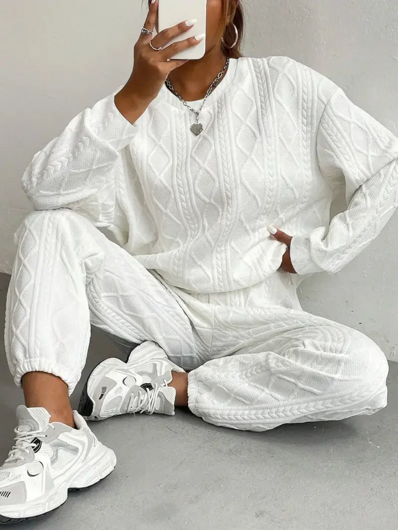 Oversized Cable Knit Two Piece Set Women Casual Baggy Lounge Wear Tracksuit