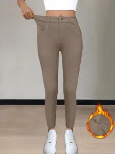 Womens Plush Plain Pocket Button Leggings, Casual Comfy Skinny Fleece Pants,For Yoga Gym Workout, Ladies Bottoms For Fall And Winter,T-Chic, Sportswear Bottoms