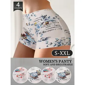 QUASTI 4/8 Pack Women's Fashion Boy Shorts, Soft Breathable & Skin-Friendly Underwear, Multi-Color Comfortable Soft Pattern Design Panties, Suitable for Daily Wear Floral Womenswear, S-XXL