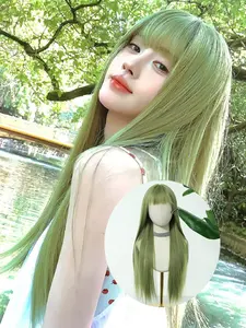 Mint Green Long Straight Synthetic Material Wigs With Bangs Natural Looking Green Cosplay Wig For Women Versatile Daily Party Heat Resistant Fiber Wigs Fake Hair