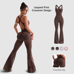 NVWA Women's Leopard Print Flared Sports Jumpsuit - Backless Hollow Cross-Twisted Back, High-Waisted, Cooling Quick-Drying, Figure-Flattering Comfy Workout Apparel, Women's Clothes, Athleisure for Yoga, Outdoor Fun,summerwins