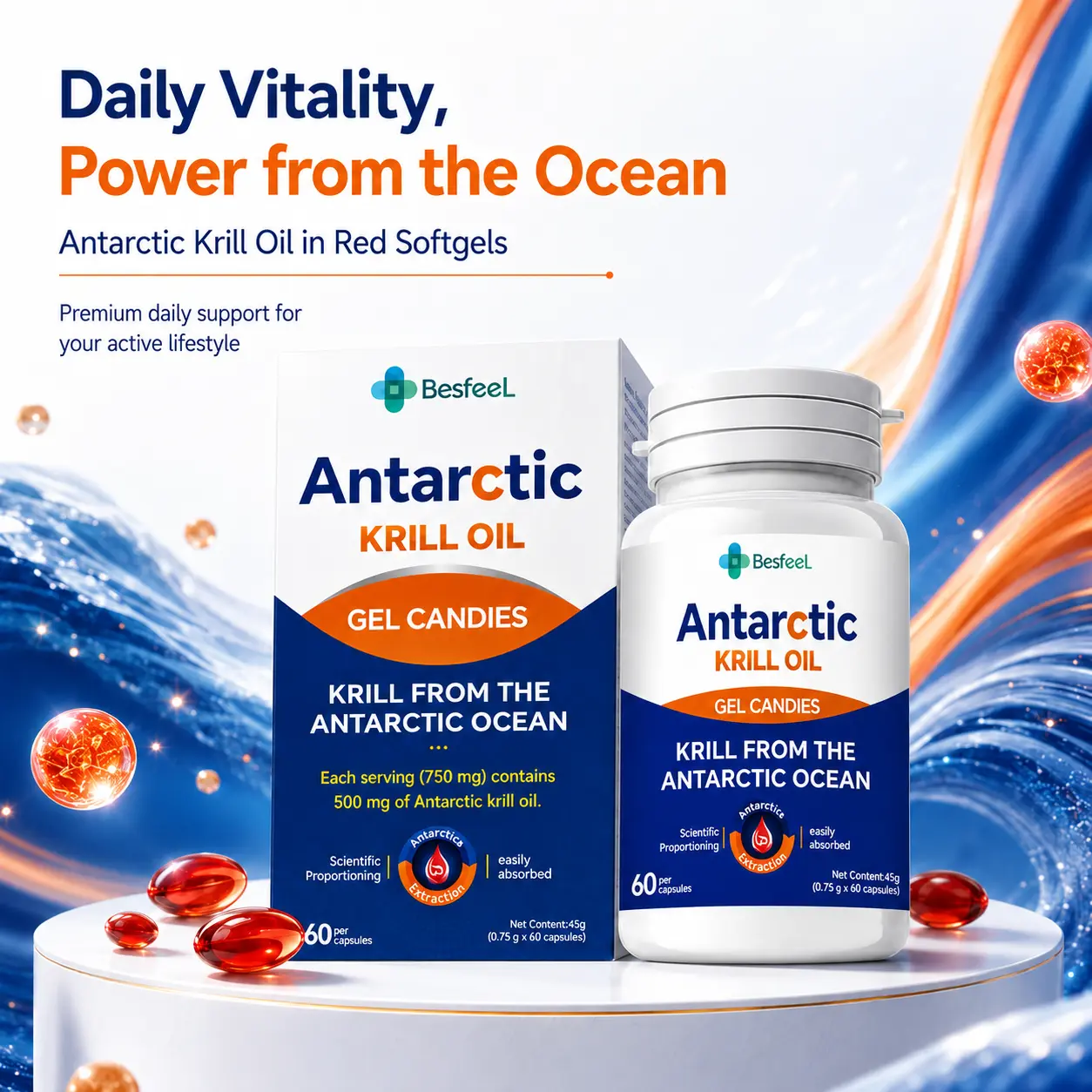 Besfeel Antarctic Krill Oil 500mg | Omega-3 EPA DHA w/ Phospholipids & Astaxanthin | Supports Heart, Joint & Brain Health, Healthy Inflammatory Response | Boosts Mental Clarity & Natural Daily Energy | High Absorption, No Fishy Burps | 60 Softgel Capsules