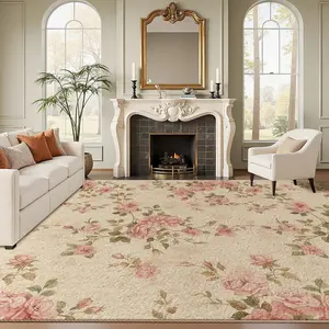 Velvet Living Room Area Rug, Floral Pattern Print, Soft Short Pile, Easy to Clean, Suitable for Living Room, Bedroom, Study