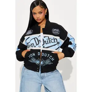Von Dutch The Legend Moto Jacket - Black/Blue W, Polyester, Tops