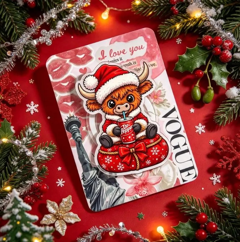 Christmas Cow  Dr Pep Phone Grip Holder,  Cute Soda Phone Grip Holder, Santa Scottish Coo Cell Phone Stand, Cute Holiday Smartphone Accessory, Y2K Collage Pack Stocking Stuffer For Farm Girl