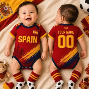 Personalized Spain Baby Soccer Bodysuit, Custom Football Onesie, Custom Name Number Infant Outfit, Flag Baby Shower Gift DCO