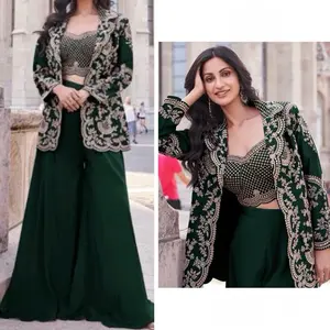 Indo Western Ethnic Womenswear  Dress Traditional Clothes Fashion Green Style Jacket Piece Skirt