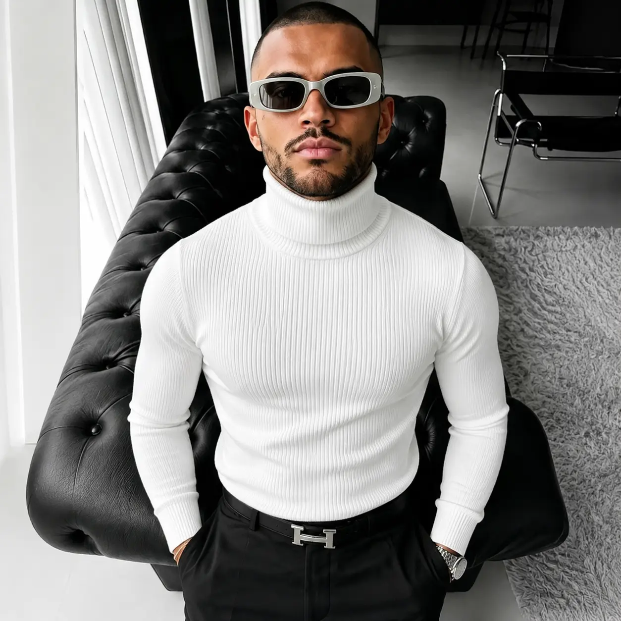 #SohoChic Men's Turtleneck Sweater - Casual Slim-Fit Ribbed Polyester Knitwear, Soft Lightweight Long-Sleeve Menswear Base Layer Core Top