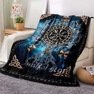 Viking Valhalla Pattern Bed Flannel Blanket, Soft Warm Throw Blanket, Air-Conditioned Room Thickened Flannel Blanket, Durable And Comfortable,Warm Nap Blanket For Home Office Travel Camping, Room Accessories, Room Decoration
