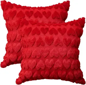 Set of 2 Valentine's Day Love Heart Throw Pillow Cover , 18 x 18 Inch Red Soft Plush Faux Fur Jacquard Anniversary Wedding Cushion Case Decoration for Sofa Couch