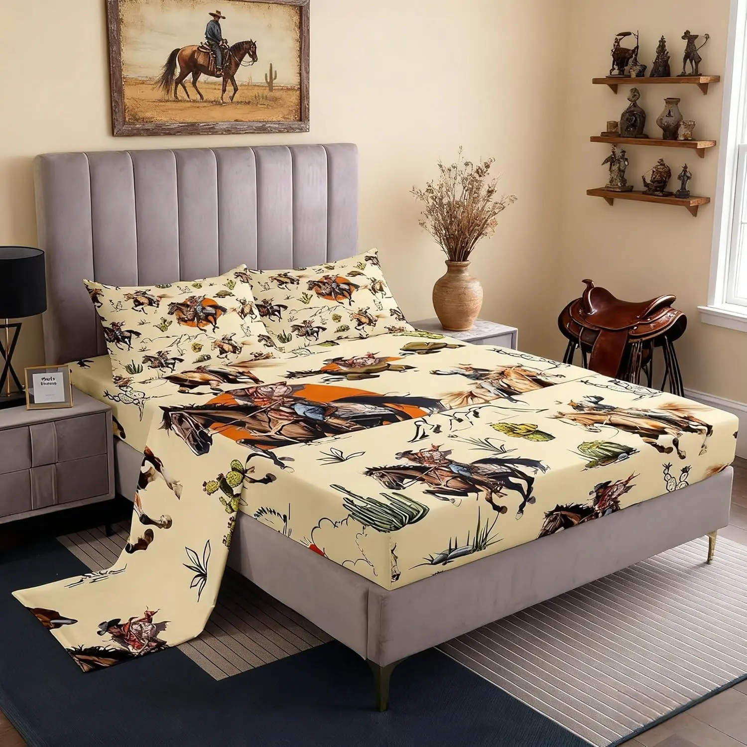 Feelyou Western Cowboys & Horses Bed Sheet Set - Retro Farmhouse Style, Hand-Drawn Art Mountain Sun & Tropical Cactus Designs, Fitted Sheets for Aesthetic Bedding, Bed Sheets Aesthetic