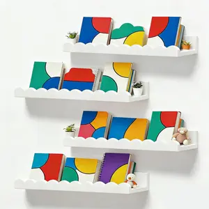 Set of 4 Floating Book Shelves, Scalloped Wall Bookshelf for Bedroom, White Decor for Nursery Baby Toddler Room