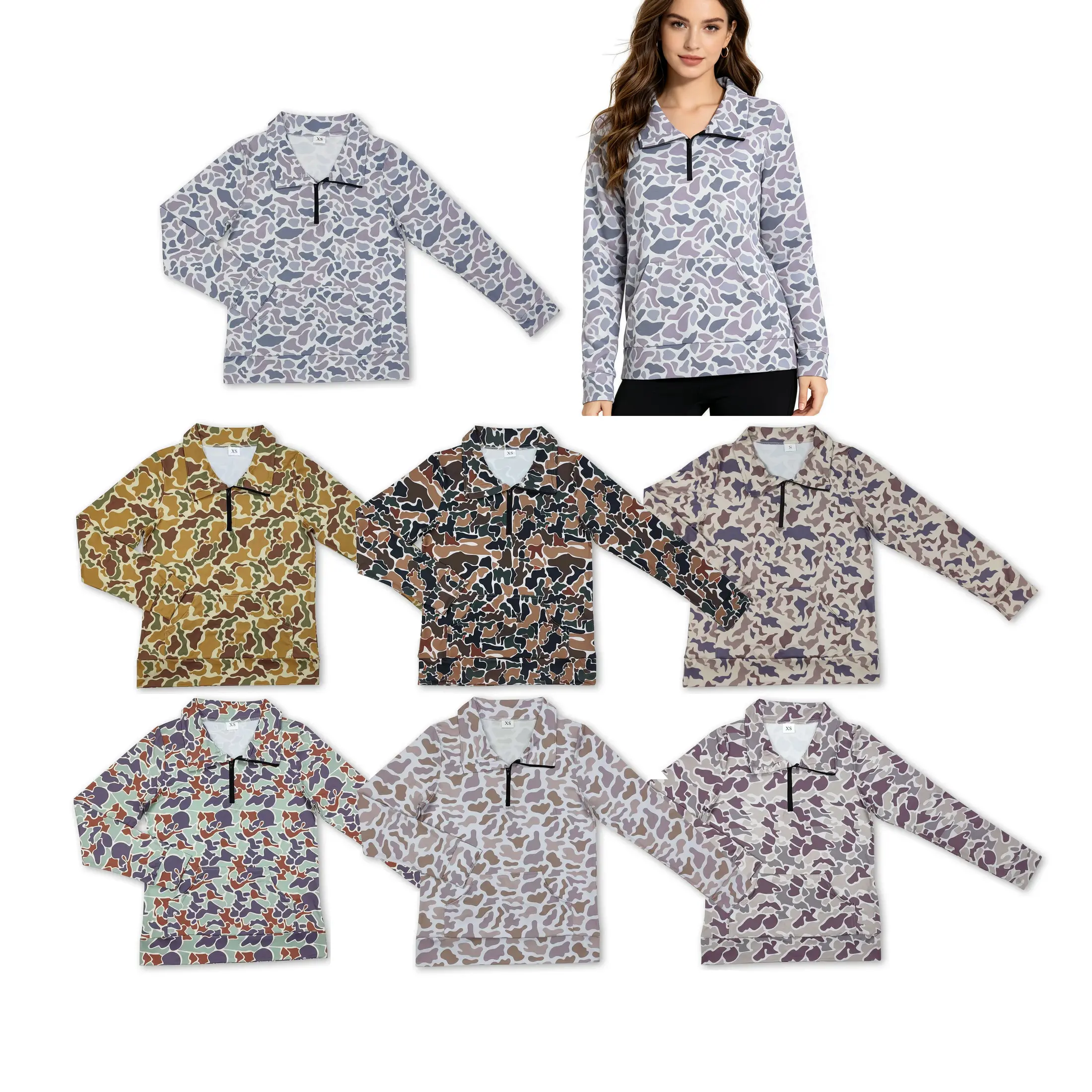 Women's Camo Print Hoodie, Full-Zip Long Sleeve Streetwear Sweatshirt with Pockets, Soft Elastane for a Comfy Fit, Plus Size