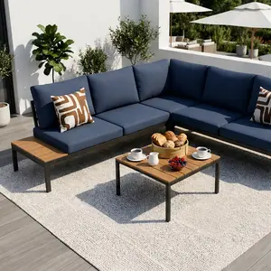 ARCH 6-Piece Outdoor Patio Furniture Set with Cushions, Dark Blue Metal & Wood+Plastic Sofa Set, Weather Resistant Water Repellent Polyester Cushions, Complete Garden Patio Seating Set for Backyard Deck, Dark Blue Color Options, American Design Style