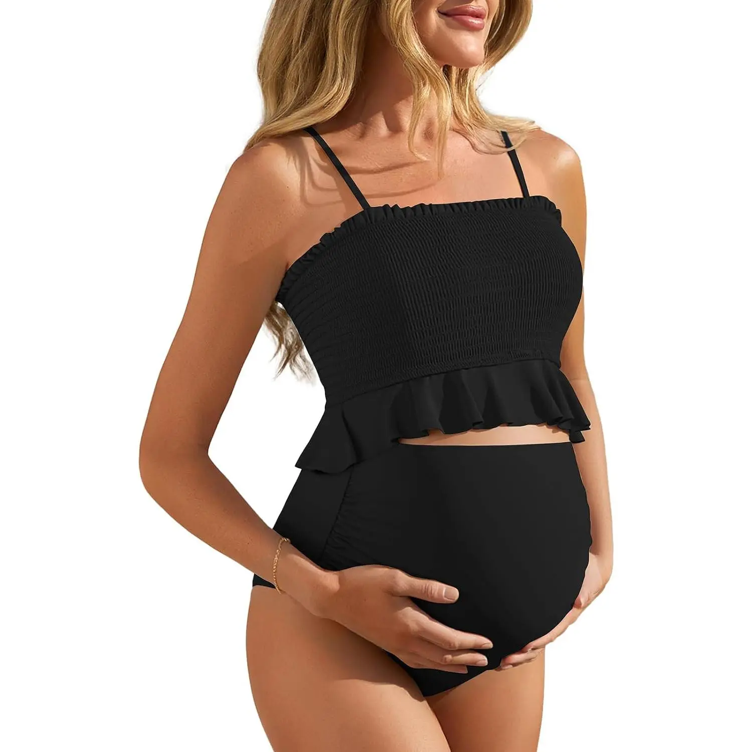 Summer maternity high-waisted swimsuit with ruffles, bikini swimsuit with padding, two-piece maternity swimsuit with straps