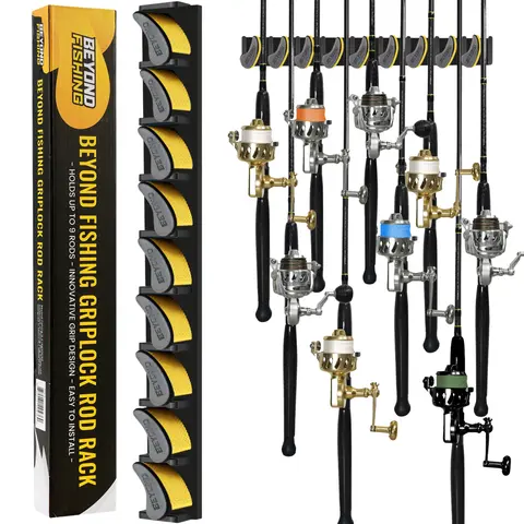 Beyond Braid GripLock Vertical Layout Fishing Rod Rack - Wall-Mount Heavy-Duty Polymer Holder, Universal Diameter, Compact Garage Storage, Holds 9 Rods/Combos, Anti-Slipping Grip, Built for Lifelong Anglers, Investment Protection