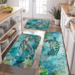 3pcs Soft Kitchen Carpet, Deep Sea Turtle Pattern Kitchen Mat - Indoor Mat, Made of Flannel, Suitable for Kitchen, Living Room, Hallway, Seasonal Decoration.