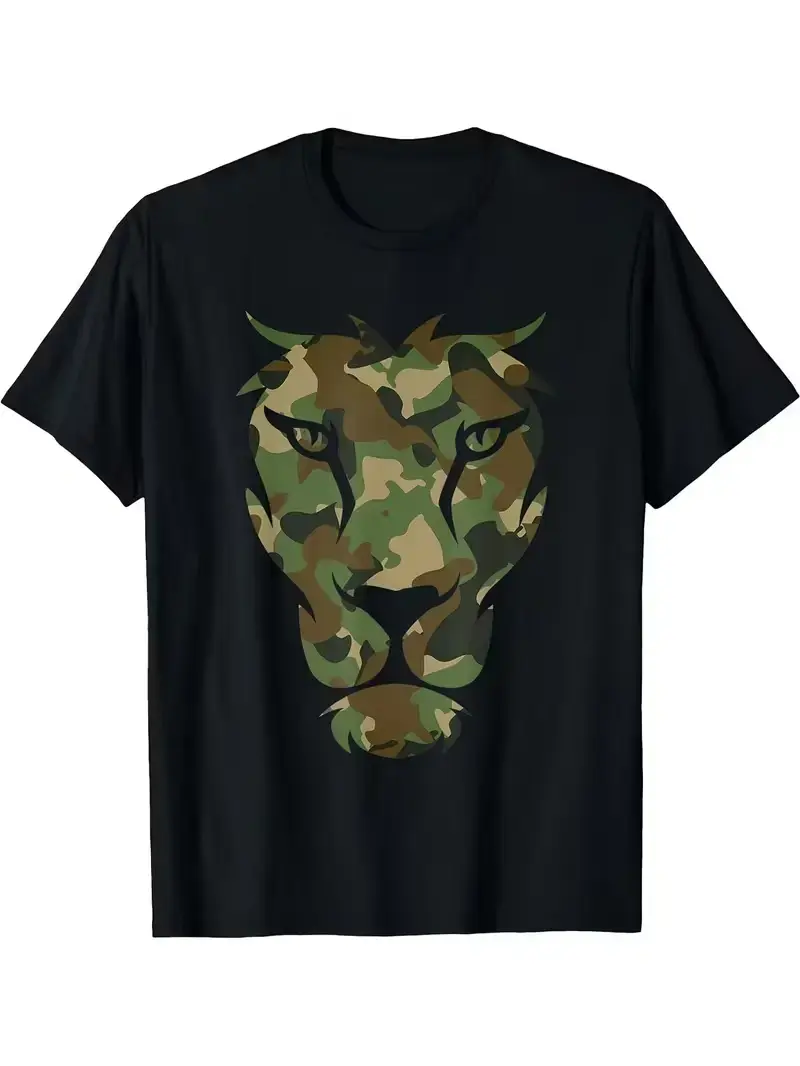 Men's Classic Camouflage Lion Casual T-Shirt - Green,Brown,Beige,Gray,Black Camo Design, Short-Sleeved Crew Neck Customized Garment, S-XXXL Sizes for Outdoor Leisure Tops