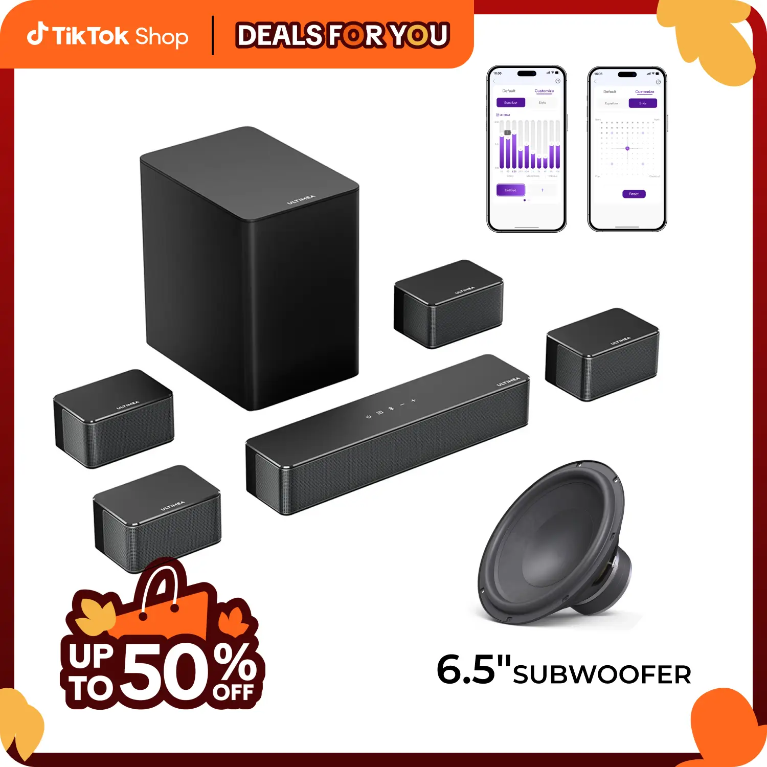 ULTIMEA Poseidon D70 7.1 Surround Sound System: Adjustable Subwoofer, Bluetooth, Ideal for TV, Home Theater & PC Gaming, Summer Turn-Up Powered Speake