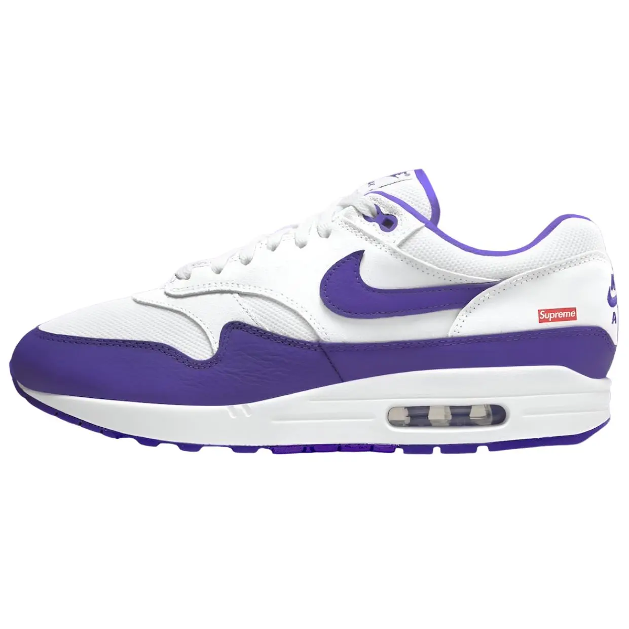 Supreme x Nike Air Max 1 '87 'Varsity Purple' Unisex Low-Top Casual Running Shoes in White and Purple, Featuring Comfort, Versatility, and Durability Trending Shoes, House White Official Shoes to Get / Maison Mihara