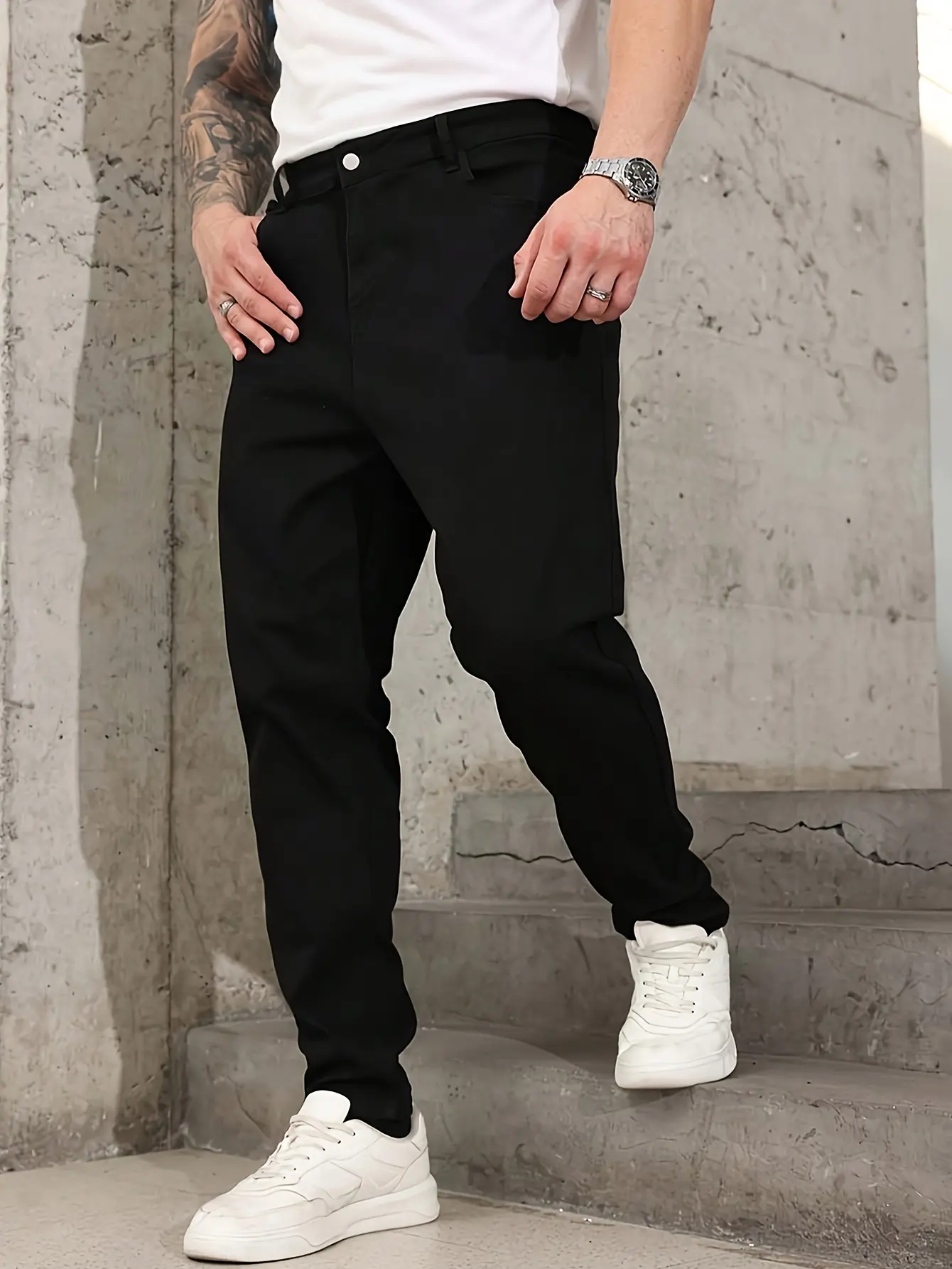 Men's Classic Straight-Leg Black Jeans - Fade-Resistant Stretch Knit Fabric, Regular Fit Formal Pants with Zipper for Office, Graphic Tees & Loafers, Flannel-Infused for Day & Evening Wear, Soft