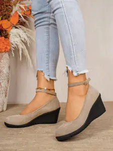 Women's Vintage Wedge Mary Jane Shoes, Velour Buckle Design, Multiple Colors Available, Commuter Height Increase, Casual All-Season Footwear