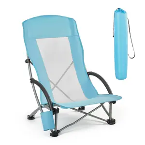 【FathersDayGift】VEVOR Folding Beach Chair, High Back Camping Chairs for Adults, with Cup Pocket, Mesh Back, Carry Bag, Portable Extra Wide Seat Chair 330 lbs Heavy Duty Support, for Outdoor, Camp, Light Blue