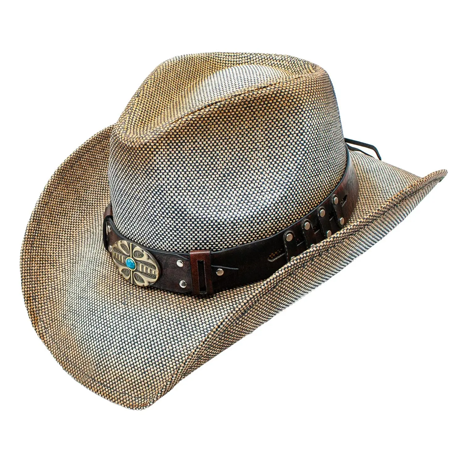 Sombrero Vaquero Gris Plata - Concho Turquesa Palma - Grey Straw Western Cowboy Hat