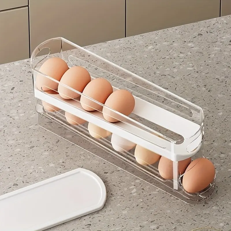 2pcs Auto Rolling Egg Dispenser for Fridge, Double Layer Egg Storage Box with Flip Lid, Space Saving Egg Holder for 12-14 Eggs, Keep Eggs Fresh & Organized Kitchen Rack