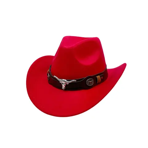 OIDEA Unisex Woolen Western Hat - 56-58cm, 22.06-22.85 in Brim (2.76 in Width), Fashion Cotton Felt-Look, Wide Retro Rolled Brim, Bull Head Belt Band, Solid Color, Women's Rodeo Hat, Dress Up, Photo Shoot, Beach Use, Urban Cowboy Aesthetic