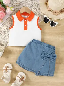 Ready Stock 4Y,5Y,6Y,7Y Girls Summer Clothes Knitted Sleeveless Lapel Tops Elastic Bow Irregular Shorts 2Pcs 12412104 Vest Blue