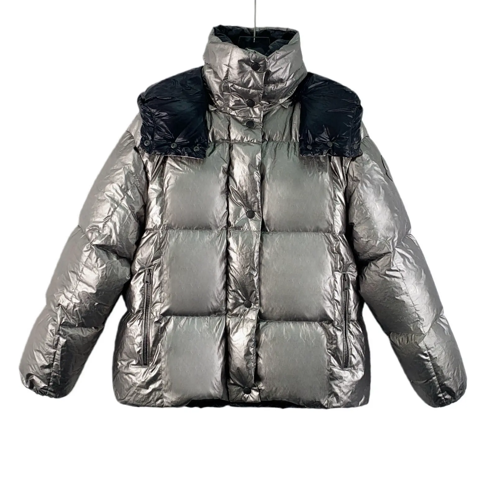 RDLT-Moncler Size 2 Silver Hooded Long Sleeve Down Jacket with Embossed Logo Parana-H24947