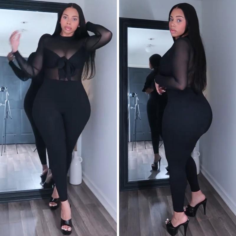 SHAPESHE Women's Jumpsuit with Long Sleeve Black Bow Mesh See-through Bodysuit for Outing