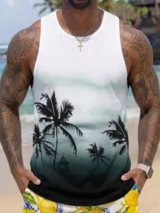 Men's Tropical Palm Tree Gradient Tank Top | White-to-Black Ombre Sleeveless, Breathable Fabric, Perfect for Beach, Summer Vacations & Casual Outfits | Trendy Vacation Statement Tee