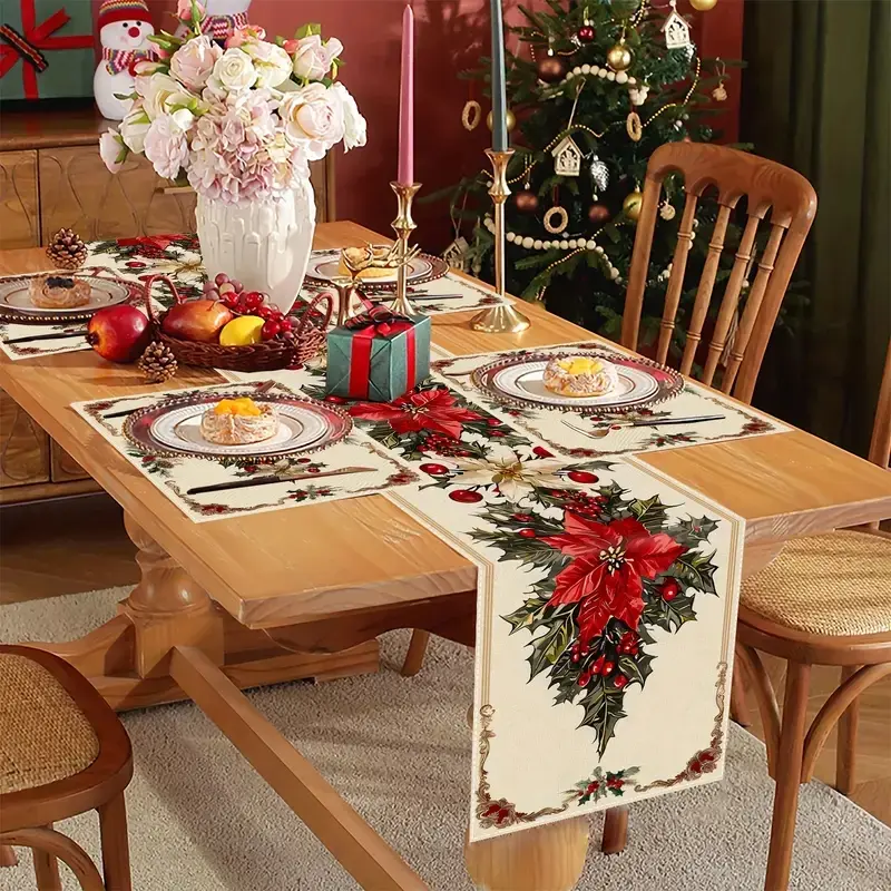 1 piece/4 piece/7 piece set, Christmas Decorations, Christmas table flag and placemat set, winter poinsettia Christmas table decoration, Christmas parties, dinners, restaurants, kitchen table decoration, Garland Ribbon, Holiday Decor
