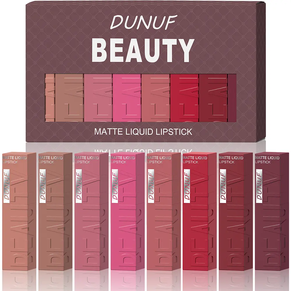 DUNUF 8-Piece Matte Lip Gloss Set - Lipstick Lipgloss, Long-Lasting, Daily, Waterproof, Sweatproof, Cup-Proof Matte Liquid Lipstick - Easy-Application High-Quality Cosmetic Makeup Kit for Women