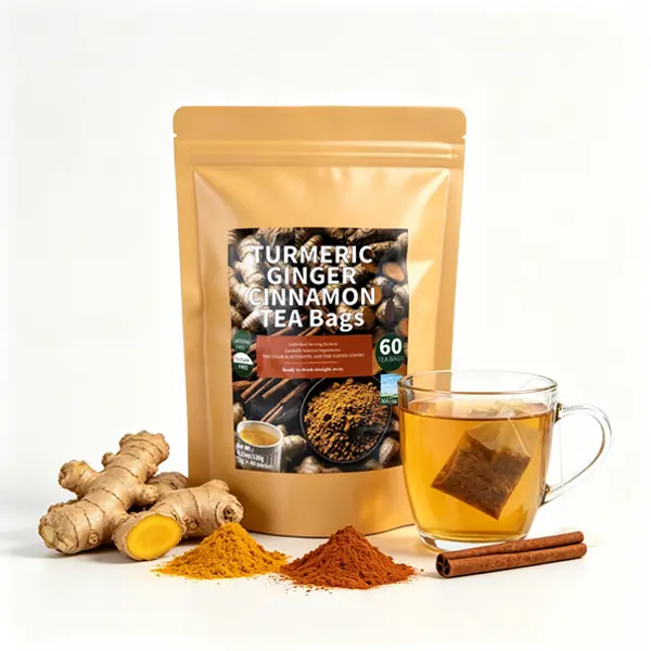 60 Bags Premium Turmeric Ginger Cinnamon Tea, Improve Digestion, Support Brain, Weight, Skin and Sleep, Eco-Conscious Tea Bags and Premium Natural Ingredients. Turmeric Ginger Herbal Tea. No Sugar, No Caffeine, No Gluten, Vegan.