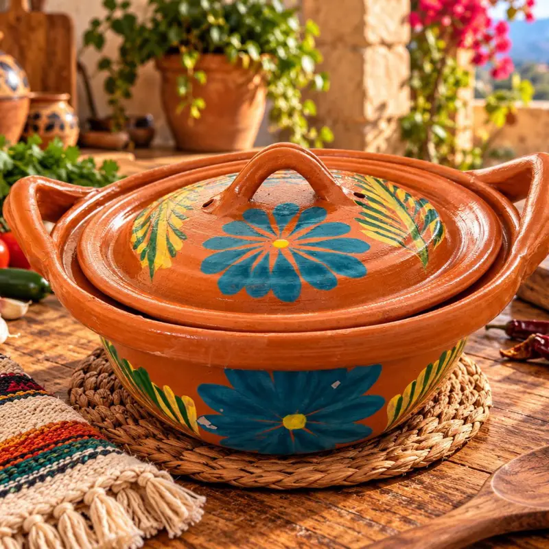 Traditional Mexican Clay Cooking Pot with Lid – Hand-Painted Terracotta Cazuela Cookware