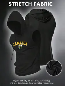 Men's Sleeveless Hooded Gym Vest, Workout Vest, Athletic Workout Clothing, Jamaica Letter & Flag Emblem Print, Patriotic Sports Style, High Stretch Breathable Fabric