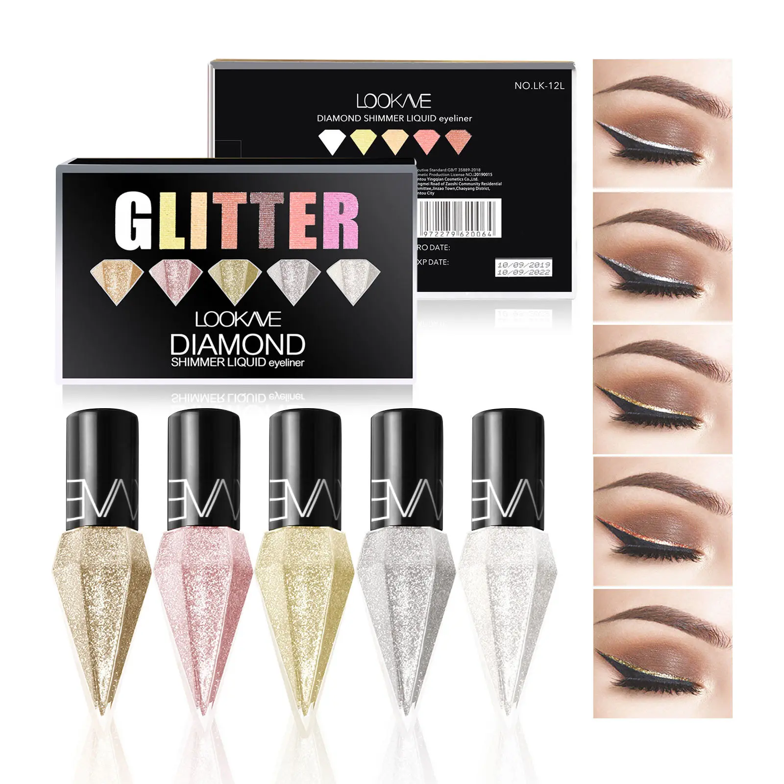 5 Piece Glitter Eyeliner Bottle Set with Hyaluronic Acid, Long Lasting Shimmer Liquid Cosmetic and Eyeshadow Stick, Gluten Free, Youth, Bling Effect, Five Bottles