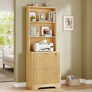 Sedeta Locking Wood File Cabinet - 2 Storage Drawer Platforms, Fluted Panels, Adjustable Shelves, Anti-Tip Kit, Solid Wood Bookshelf Book Holder, Rustic Farmhouse Decor Office Furniture for Home Office, Fits Letter, Legal & A4 Hanging File Folders, Wood D