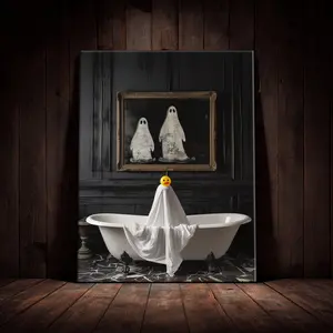 1 Count Wooden Framed Canvas, Bathroom Ghost Fun Poster, Halloween Decorative Poster, Funny Poster, Horror Poster Party Hanging Picture, Modern Art For Living Room, Bedroom, Family Decoration, Ideal Gift, Waterproof, Print