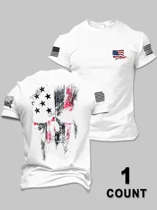 Men's Round Neck Casual Short Sleeve, Skull Flag Graphic Print, Summer Comfortable T-Shirt, Outdoor Wear, Streetwear, Fitted Style, Menswear