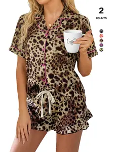Women's Leopard Print Sleepwear Set, Elegant Casual Home Wear, Comfortable Breathable Fabric, Two-Piece Loungewear
