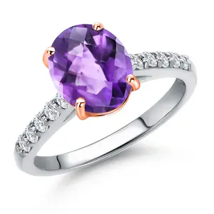 Gem Stone King 10K Two Tone Gold Gemstone Birthstone and White Lab Grown Diamond Accent Engagement Ring For Women | Oval 9X7MM and Round 1.7MM | Wedding Anniversary Promise Ring | Sizes 5, 6, 7, 8, 9